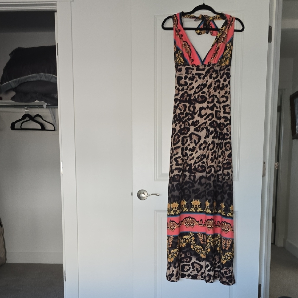VENUS Leopard Print Maxi Dress with Pink Accents